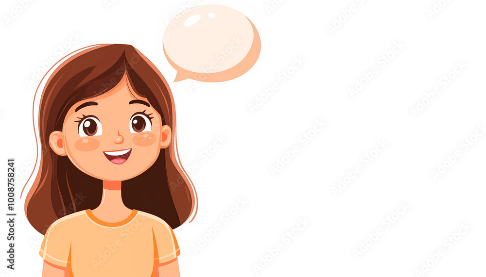 portrait of a cartoon girl with a speech bubble above her head. Flat illustration on a white background portrait of a cartoon girl with a speech bubble above her head. Flat illustration on a white background