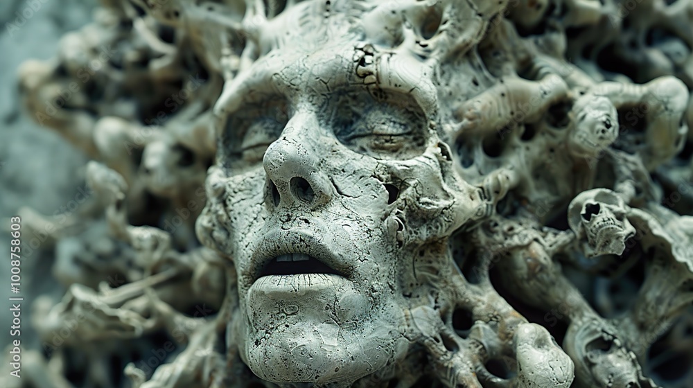 Surreal Stone Sculpture: A Face of Decay and Transformation Surreal Stone Sculpture: A Face of Decay and Transformation