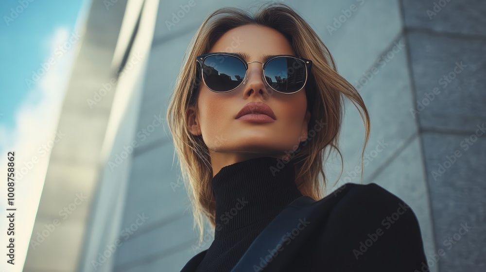 A young woman wearing sunglasses and a black turtleneck sweater looks confidently into the camera. A young woman wearing sunglasses and a black turtleneck sweater looks confidently into the camera.