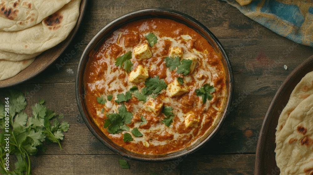 Top view of paneer butter masala with naan, a delicious South Asian dish for children