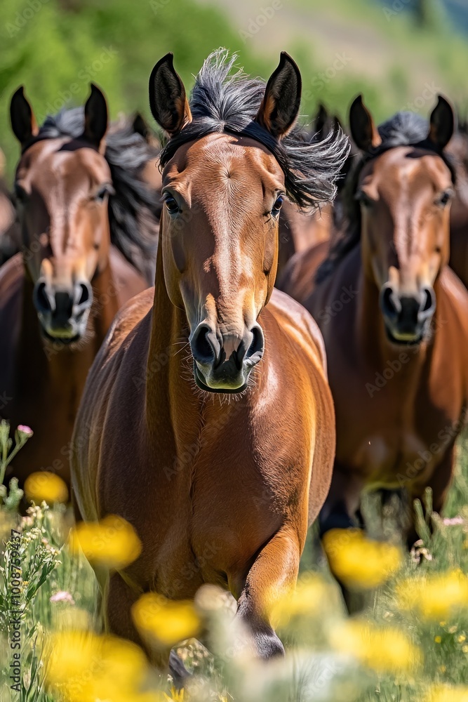 Fototapeta premium A group of galloping horses in a vibrant field of flowers.