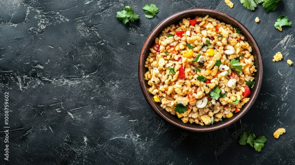Top view of puffed rice bhel, a tangy snack popular with South Asian children. Copy space available Top view of puffed rice bhel, a tangy snack popular with South Asian children. Copy space available