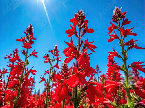 Vibrant Red Lobelia Flowers in Bloom Against a Clear Blue Sky Creating a Stunning Floral Display