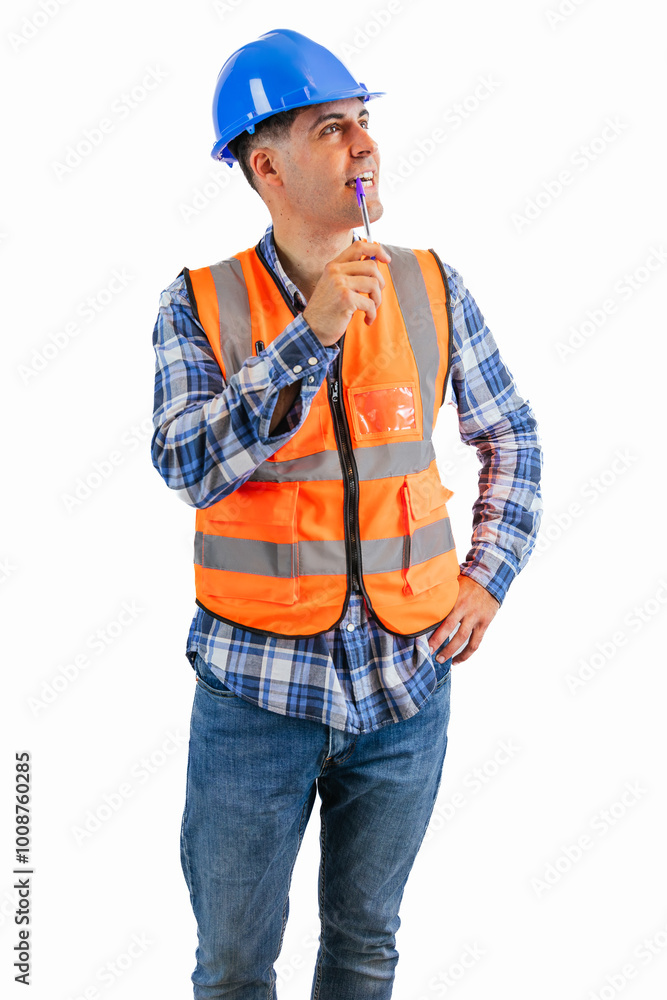 vertical Pensive construction worker biting his pen while reflecting wearing orange vest and helmet vertical Pensive construction worker biting his pen while reflecting wearing orange vest and helmet