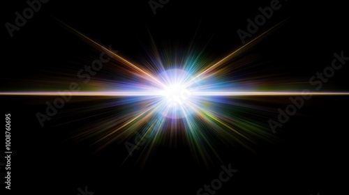 A bright, colorful light burst with rays extending outward from the center, set against a black background.