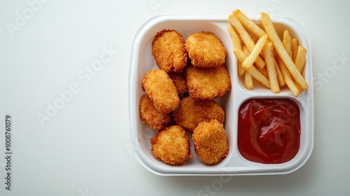 Top view of South Asian style chicken nuggets with fries, a kid's meal. Copy space available