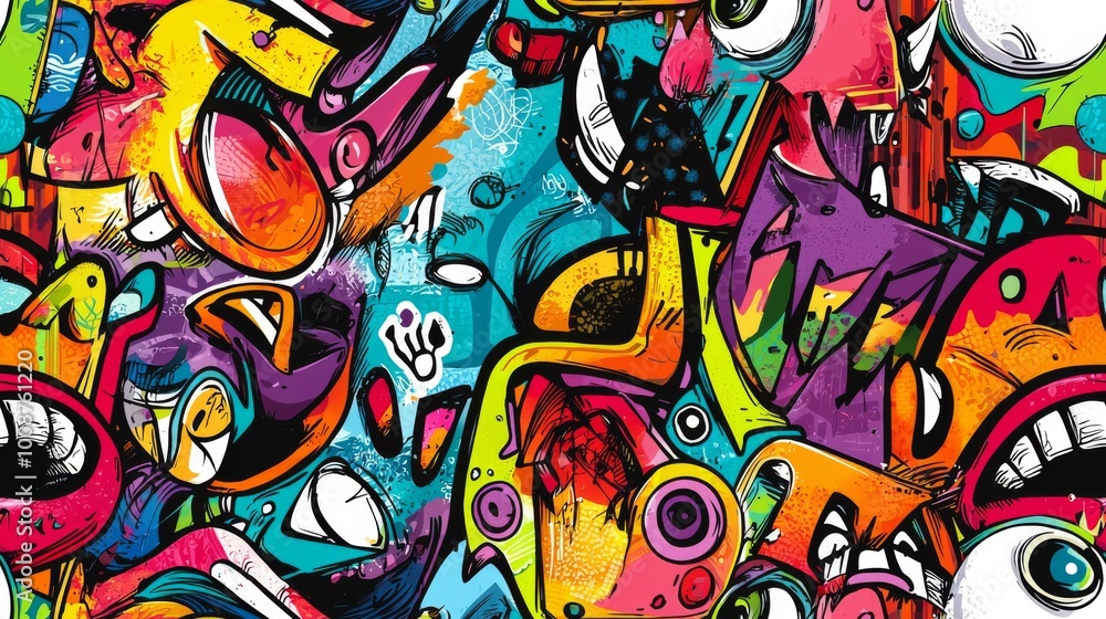 Fototapeta premium Abstract urban street art graffiti seamless pattern. Urban style modern background wallpaper