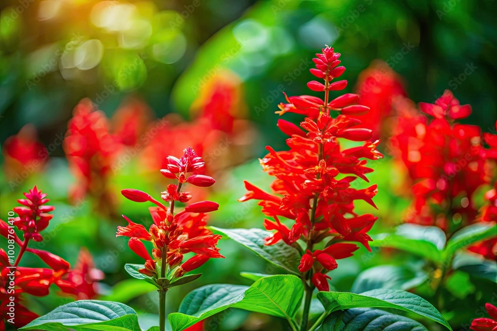 Vibrant Scarlet Bugler Blooms in Full Bloom Against a Lush Green Background in Natural Setting Vibrant Scarlet Bugler Blooms in Full Bloom Against a Lush Green Background in Natural Setting