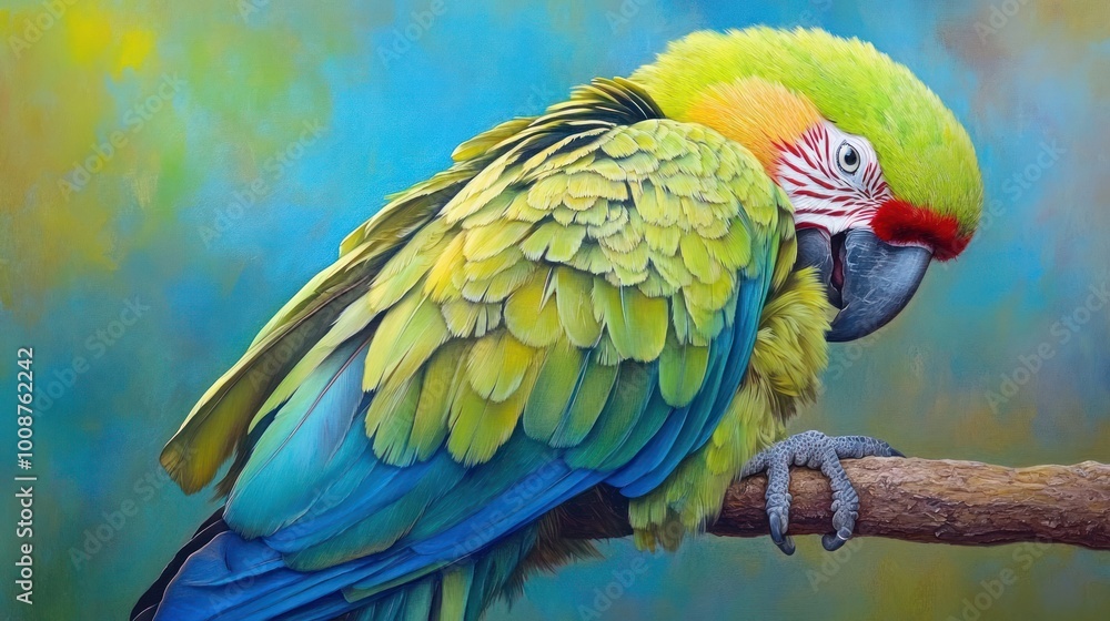 Obraz premium A colorful macaw perched on a branch against a vibrant background.
