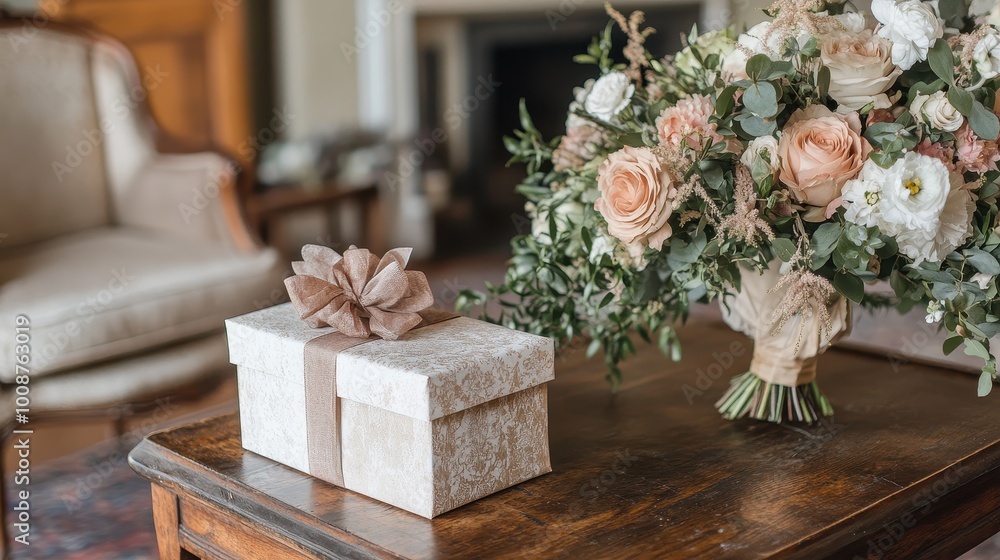 Elegant Floral Arrangement and Gift Box in Rustic Interior Elegant Floral Arrangement and Gift Box in Rustic Interior