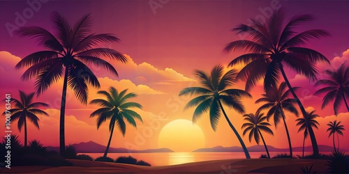 A serene tropical sunset casts vibrant colors over palm trees and calm waters at a beach