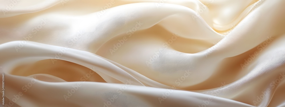 Obraz premium A close-up of soft, flowing cream-colored silk with subtle shimmering light reflections