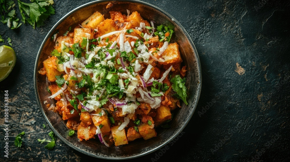 Top view of spicy aloo chaat, a tangy street food loved by South Asian children Top view of spicy aloo chaat, a tangy street food loved by South Asian children