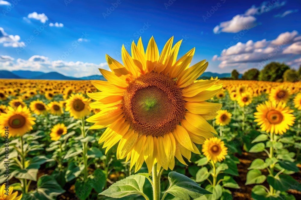 Fototapeta premium Vibrant Sunflower Bloom in Bright Yellow Colors Against a Clear Blue Sky on a Sunny Day