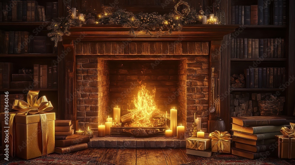 Cozy Christmas Fireplace in Rustic Study Cozy Christmas Fireplace in Rustic Study
