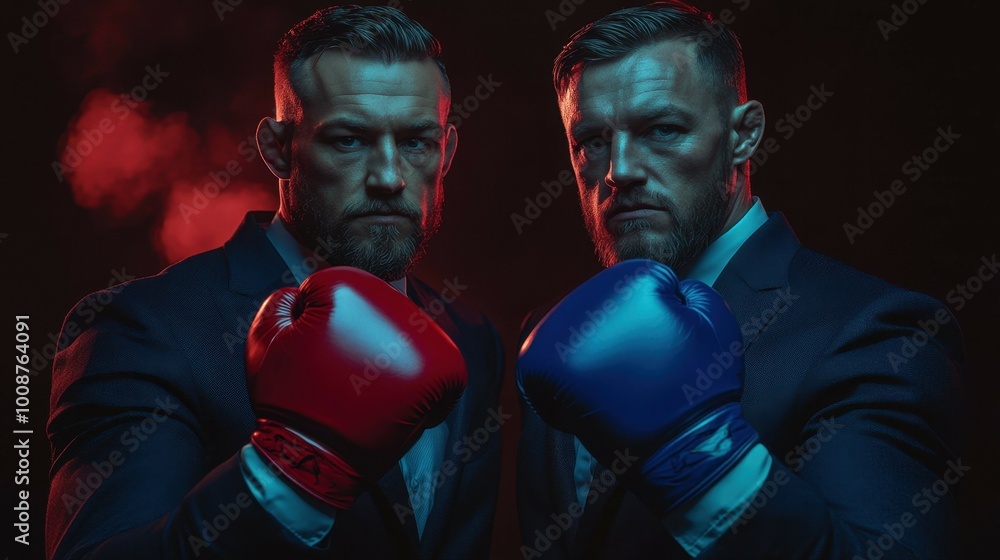 Two suited men with boxing gloves stand next to each other Two suited men with boxing gloves stand next to each other
