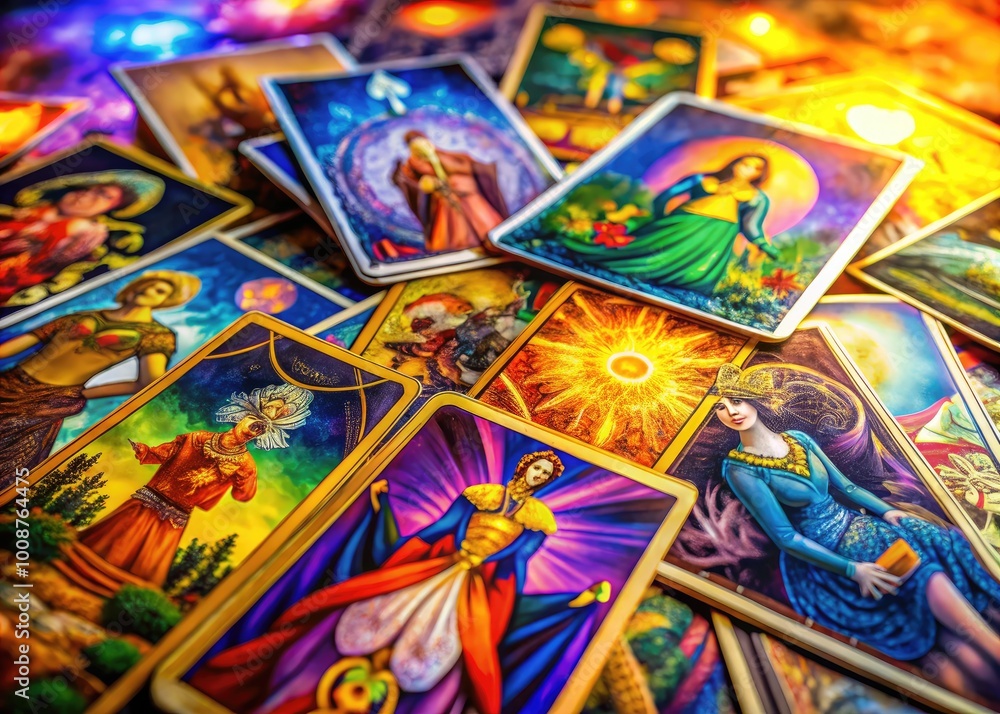 Fototapeta premium Vibrant Tarot Cards on Colorful Background Creating a Mystical and Enchanting Atmosphere for Divination