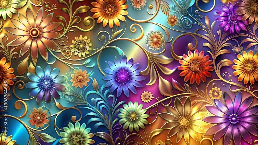 A vibrant tapestry of metallic blossoms interwoven with delicate golden tendrils on a gradient background A vibrant tapestry of metallic blossoms interwoven with delicate golden tendrils on a gradient background