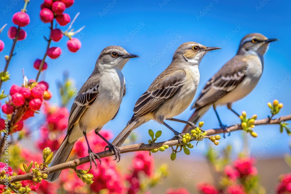 Vibrant Texas Mockingbirds Perched on Branches in Natural Habitat Under Clear Blue Sky in Springtime Vibrant Texas Mockingbirds Perched on Branches in Natural Habitat Under Clear Blue Sky in Springtime