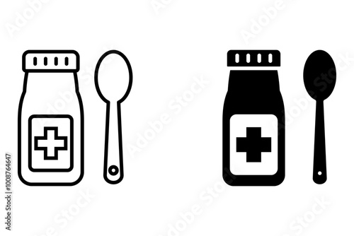 Medical syrup with spoon line icon. linear style sign for mobile concept and web design. Cold medicine bottle outline vector icon. Symbol, logo illustration.
