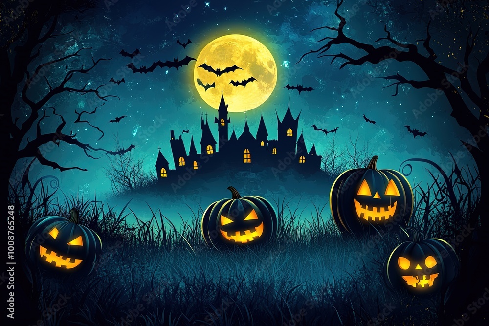 Fototapeta premium Flying bat with Halloween sweets bucket, vector Halloween holiday. Cartoon bat carrying pumpkin with trick or treat candies in dark night sky with full moon, creepy midnight cemetery and haunted house