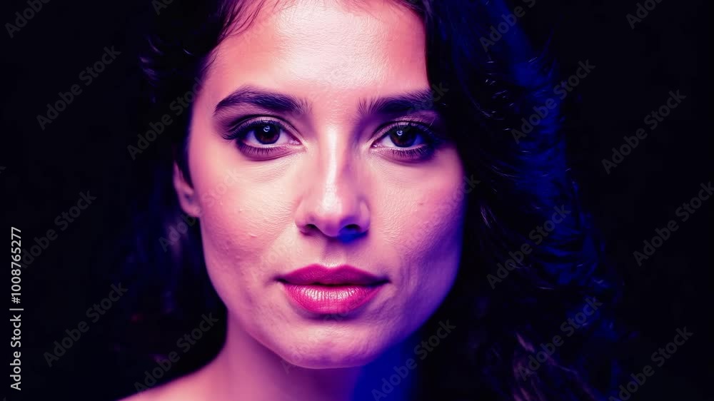 Vibrant portrait of a woman in neon lighting with intense gaze Vibrant portrait of a woman in neon lighting with intense gaze