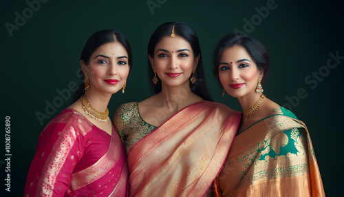 Three beautiful Indian women, wearing sarees of different colors and designs