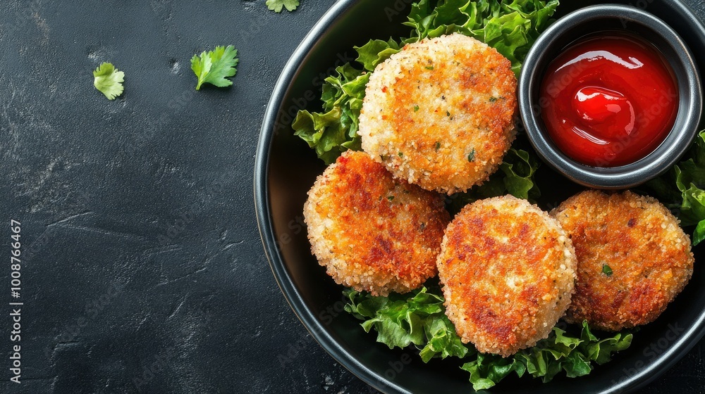 Top view of vegetable cutlets with ketchup, a healthy and crispy snack for South Asian kids Top view of vegetable cutlets with ketchup, a healthy and crispy snack for South Asian kids