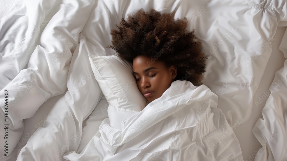 A woman with curly hair is sleeping in a bed with a white comforter A woman with curly hair is sleeping in a bed with a white comforter