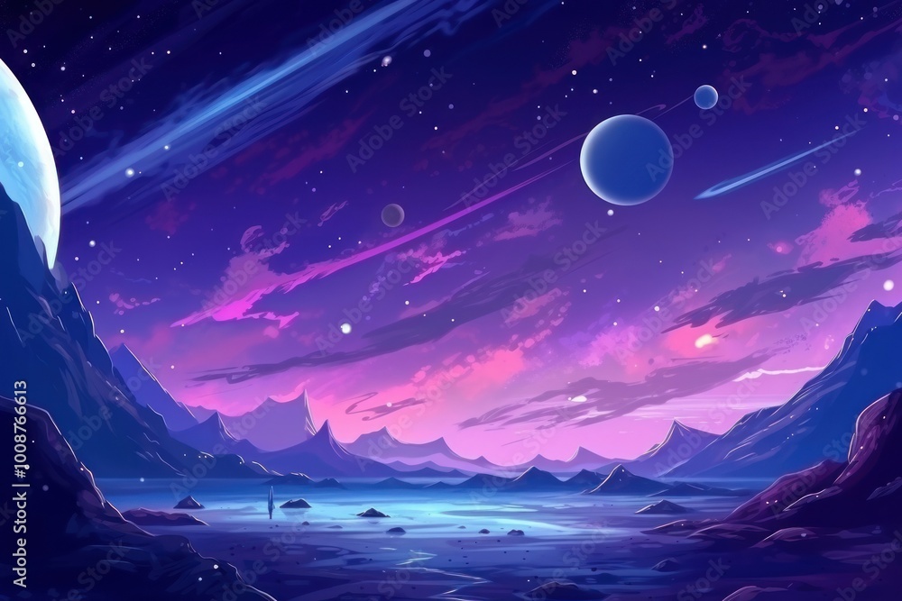 Fototapeta premium Solar planet purple sky landscape.