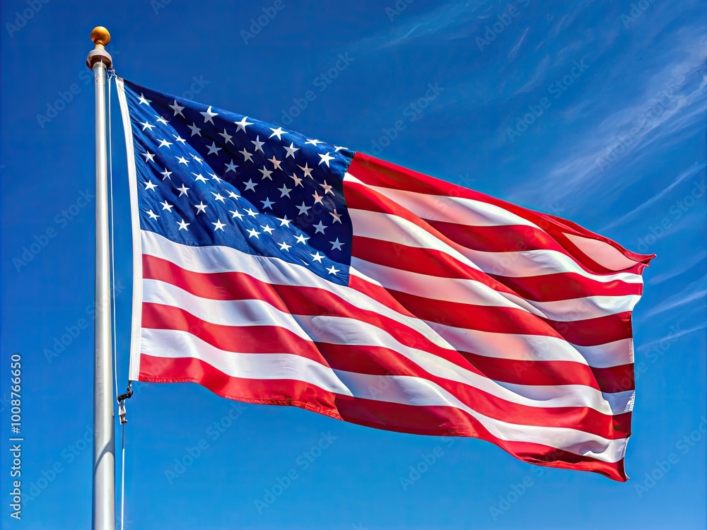 Obraz premium Vibrant USA Flag Waving in the Breeze Against a Clear Blue Sky Symbolizing Freedom and Unity