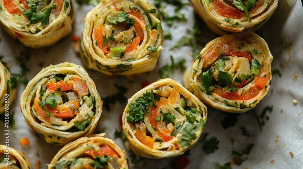 Top view of vegetable kathi rolls, a fun and healthy snack for South Asian children Top view of vegetable kathi rolls, a fun and healthy snack for South Asian children