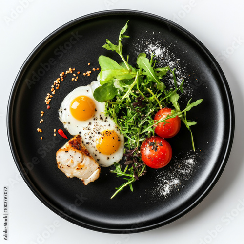 Top view of a black plate with gourmet food on it, white background photo