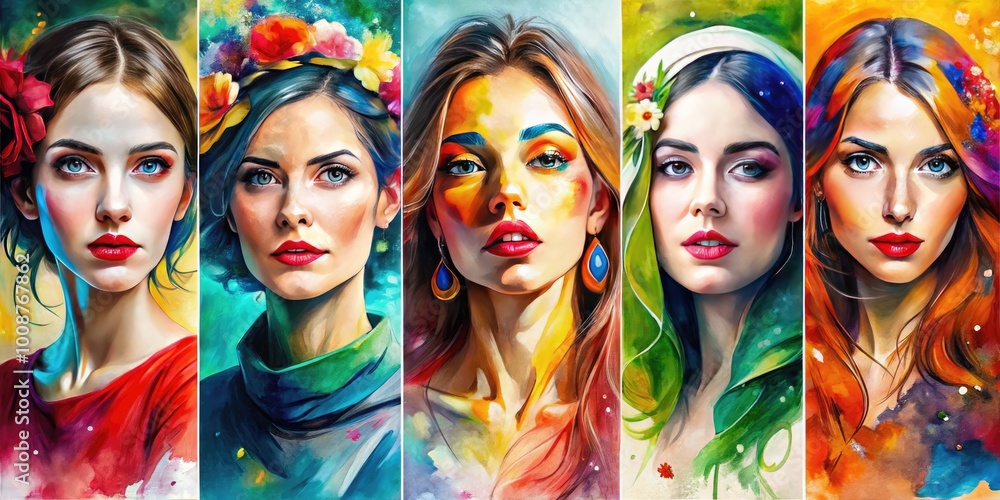 Obraz premium Vibrant Watercolor Art Depicting Women in Various Poses and Expressions for Creative Projects