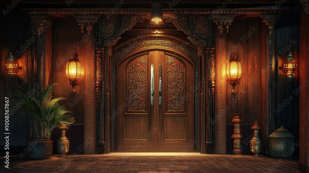 Fototapeta premium Traditional South Asian restaurant entrance with ornate wooden doors and lanterns. No people, copy space available