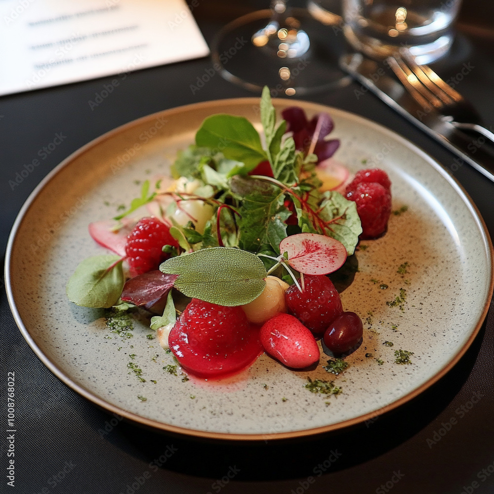 Raw fennel salad, marinated with raspberries and pastis, fennel herb.