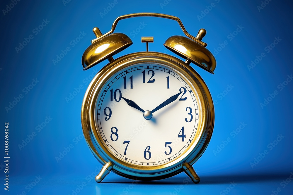 Gold alarm clock on a blue background Gold alarm clock on a blue background