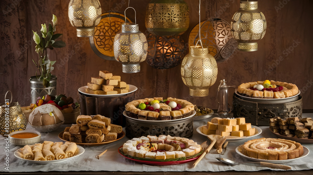 A rustic table filled with a spread of Arabic desserts like kunafa, baklava, and basbousa, set against a backdrop of decorative lanterns.
A rustic table filled with a spread of Arabic desserts like kunafa, baklava, and basbousa, set against a backdrop of decorative lanterns.