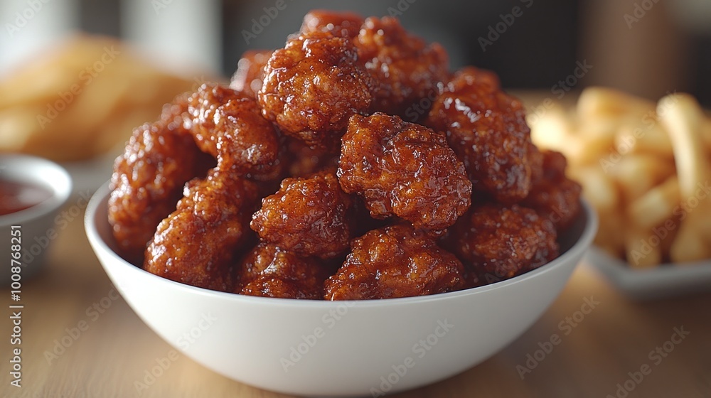 A tempting bowl of glazed chicken wings sits invitingly with crispy fries nearby A tempting bowl of glazed chicken wings sits invitingly with crispy fries nearby
