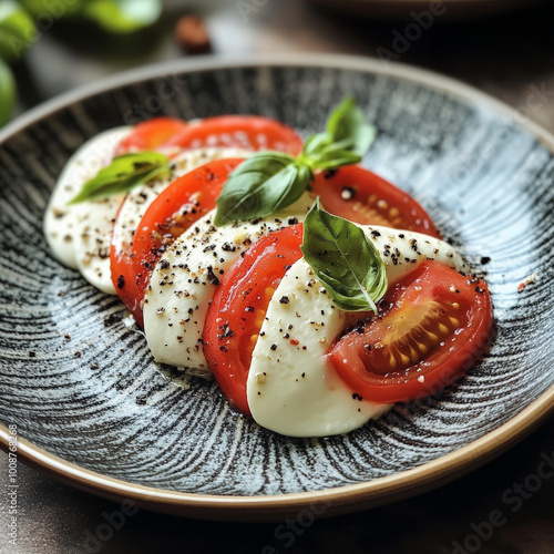 Mozzarella tomato Italian style from garden on fancy plate Caprese in Michelin style photo