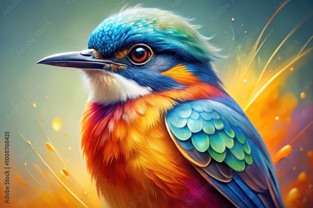 Obraz premium Vibrant Watercolor Bird Illustration with Colorful Feathers and Graceful Posture on White Background