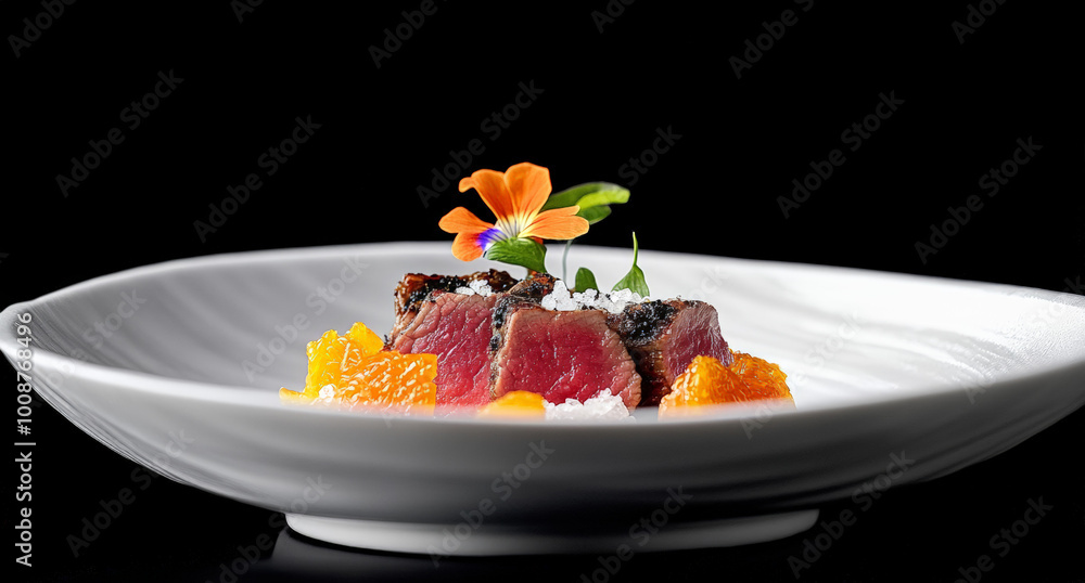 A luxurious dish of wagyu steak with sea salt and black truffle, served in an elegant white bowl on the table A luxurious dish of wagyu steak with sea salt and black truffle, served in an elegant white bowl on the table