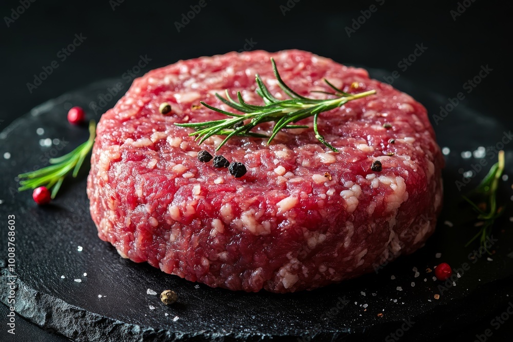 Raw Ground Beef Patty with Rosemary Salt and Peppercorns Raw Ground Beef Patty with Rosemary Salt and Peppercorns