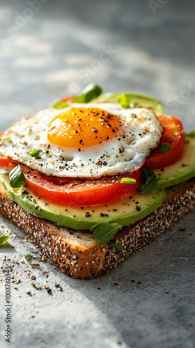 Medium shot appetizing toast with avocado, egg and vegetables