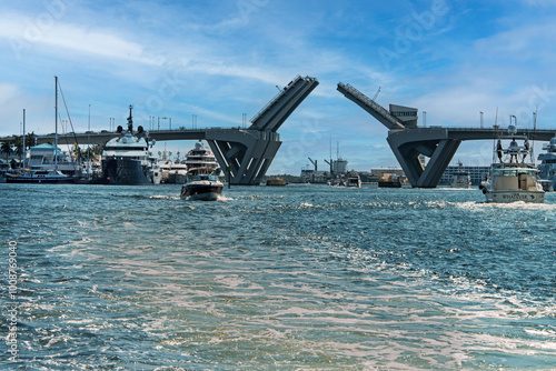 Elevated lift bridge to allow boats with high clearance to cross Fort Lauderdale canal. USA, 2019