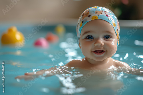 A cute little baby wearing a swimming cap is playing in the pool. The background features small toys floating around the water surface.
