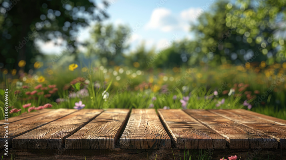 Rustic Reclaimed Barn Empty Wood Table, Ready for Festive Outdoor Green Park Nature Background blurred view Rustic Reclaimed Barn Empty Wood Table, Ready for Festive Outdoor Green Park Nature Background blurred view