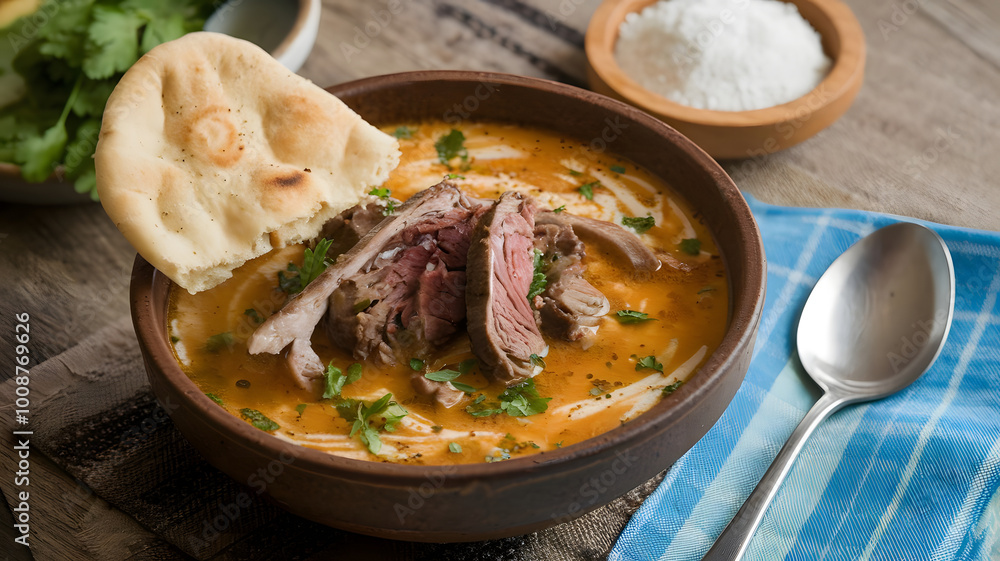 A steaming bowl of traditional Arabic freekeh soup, with a hearty broth and tender chunks of lamb, served with a side of flatbread.
A steaming bowl of traditional Arabic freekeh soup, with a hearty broth and tender chunks of lamb, served with a side of flatbread.