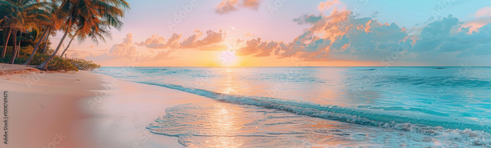 Sunset Beach with Turquoise Waters and Palm Trees Sunset Beach with Turquoise Waters and Palm Trees