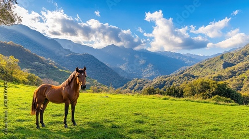 A horse stands in a lush green field with mountains and a blue sky in the background.